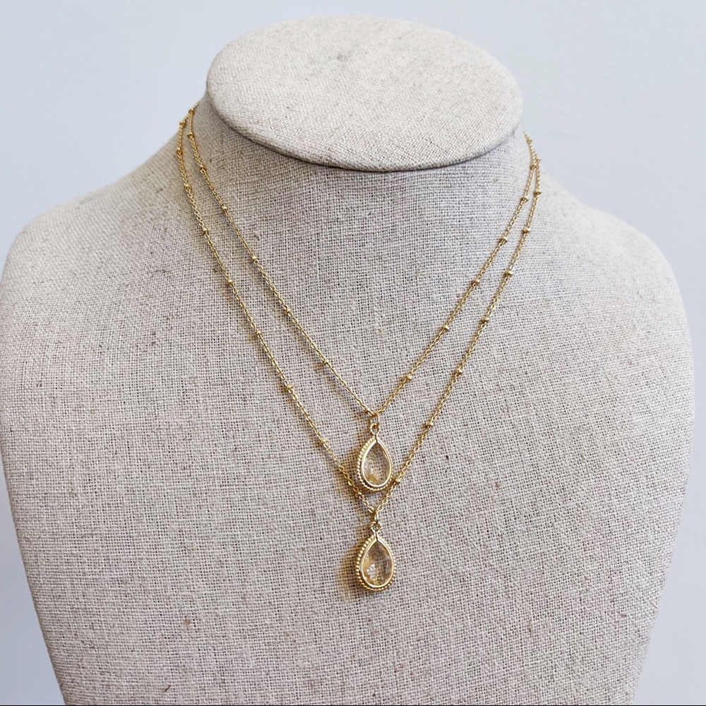Gold Tone Clear Tear Drop Pendant Double Necklace